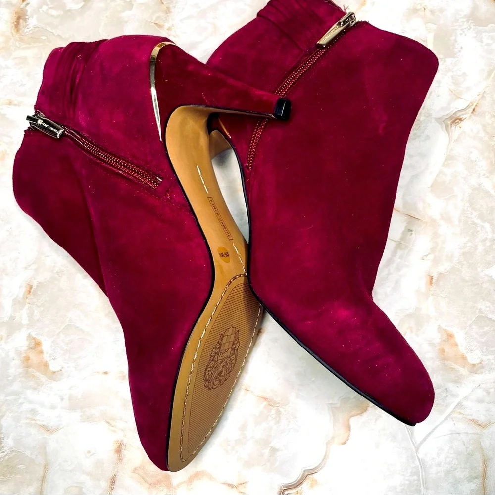 VINCE CAMUTO SUEDE BOOTIES, Wine Berry Suede Heeled Booties, Zipper, Gold Trim